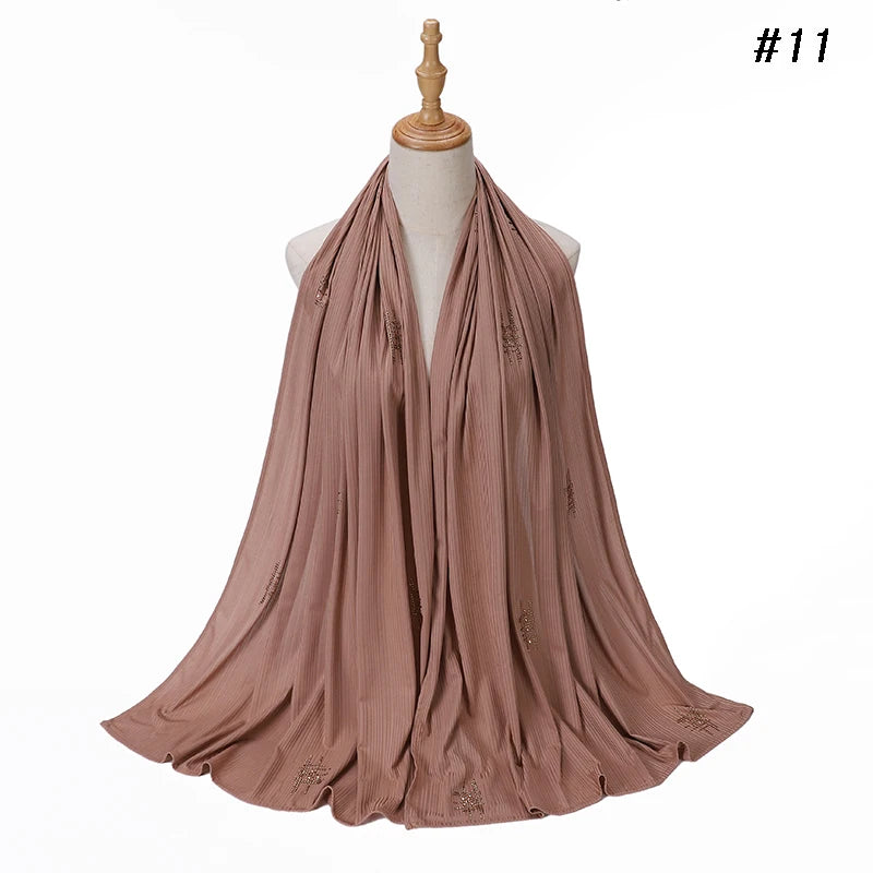 Muslim Crinkle Ribbed Jersey Rhinestone Hijab Plain Scarf Crepe Hijab Soft Islamic Shawls Wraps Headband Voile Femme Musulman