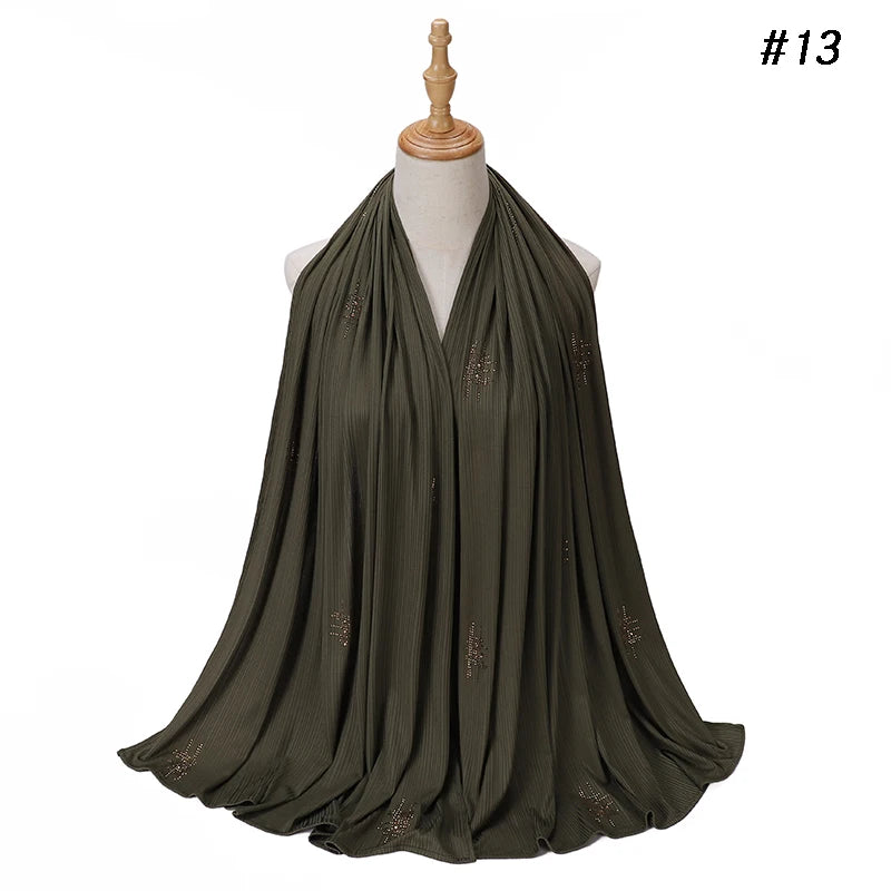 Muslim Crinkle Ribbed Jersey Rhinestone Hijab Plain Scarf Crepe Hijab Soft Islamic Shawls Wraps Headband Voile Femme Musulman