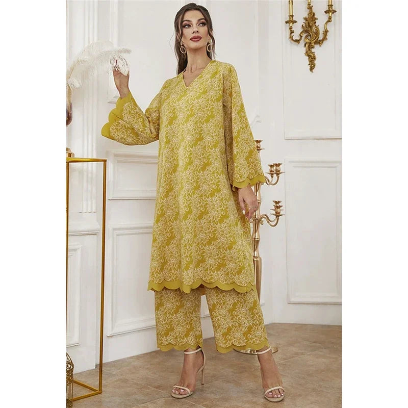 2 Piece Abaya Muslim Set Ramadan for Women Dubai Turkey Saudi Casual V-Neck Print Long Sleeve Dress Pants Islamic Clothing Suits