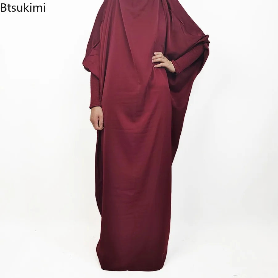 Muslim Fashion Abaya for Women Solid Satin One-piece Prayer Dress with Headscarf Saudi Arab Islamic Clothing Modesty Kaftan Robe