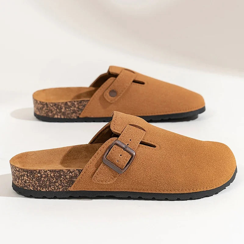 Men Cow Suede Clogs With Adjustable Buckle Cork Leather Mules Comfortable Slip on Women Slippers Outdoor Cork Clogs