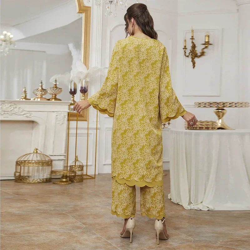 2 Piece Abaya Muslim Set Ramadan for Women Dubai Turkey Saudi Casual V-Neck Print Long Sleeve Dress Pants Islamic Clothing Suits