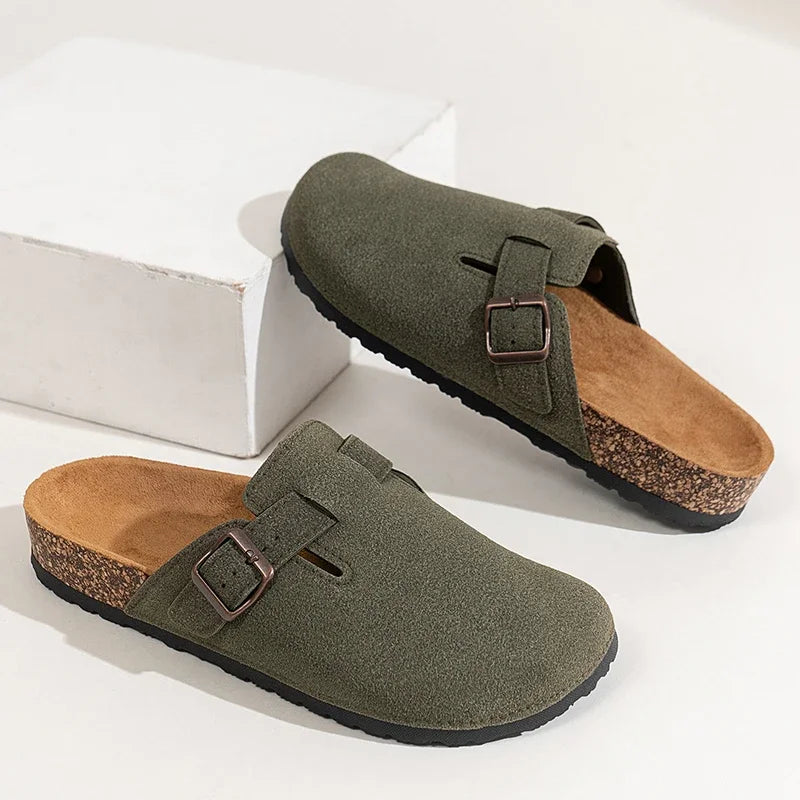 Men Cow Suede Clogs With Adjustable Buckle Cork Leather Mules Comfortable Slip on Women Slippers Outdoor Cork Clogs