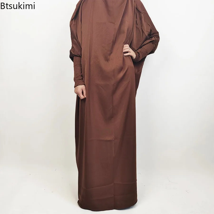 Muslim Fashion Abaya for Women Solid Satin One-piece Prayer Dress with Headscarf Saudi Arab Islamic Clothing Modesty Kaftan Robe