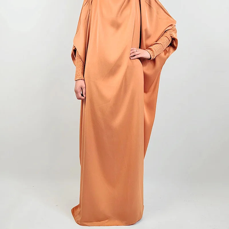 Muslim Fashion Abaya for Women Solid Satin One-piece Prayer Dress with Headscarf Saudi Arab Islamic Clothing Modesty Kaftan Robe