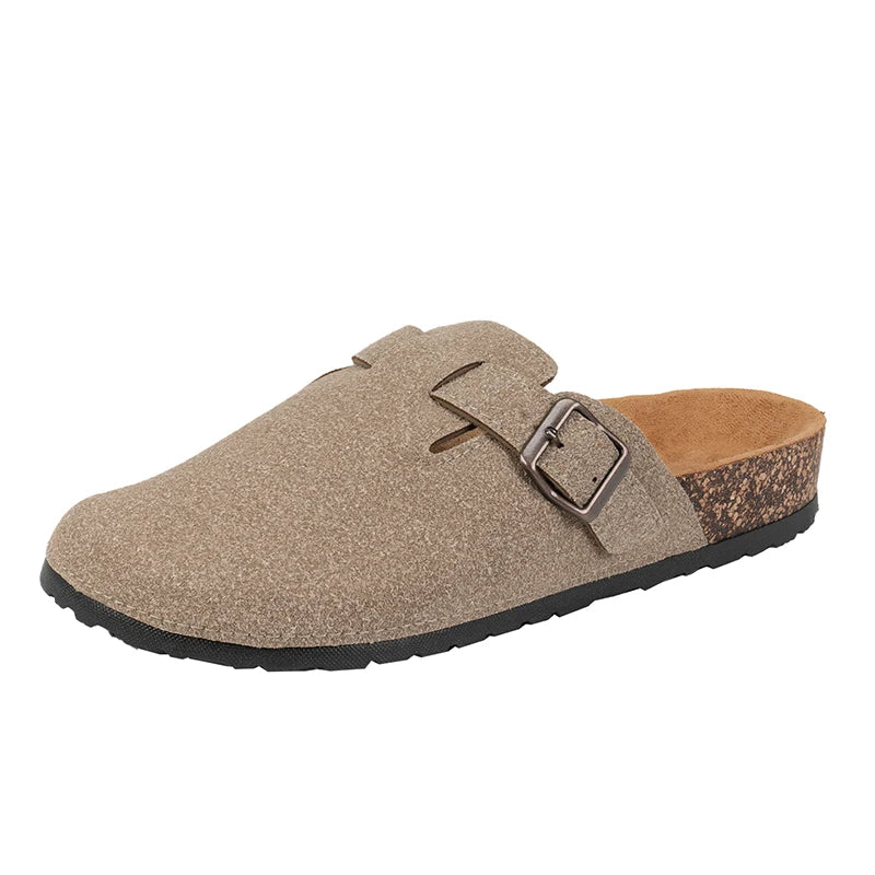 Men Cow Suede Clogs With Adjustable Buckle Cork Leather Mules Comfortable Slip on Women Slippers Outdoor Cork Clogs
