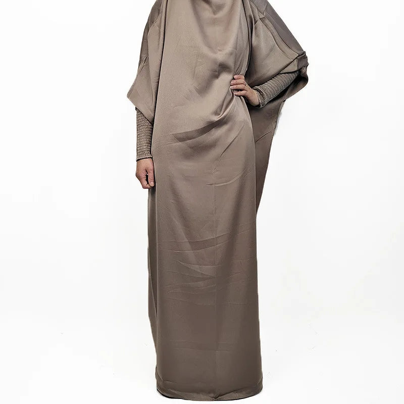 Muslim Fashion Abaya for Women Solid Satin One-piece Prayer Dress with Headscarf Saudi Arab Islamic Clothing Modesty Kaftan Robe