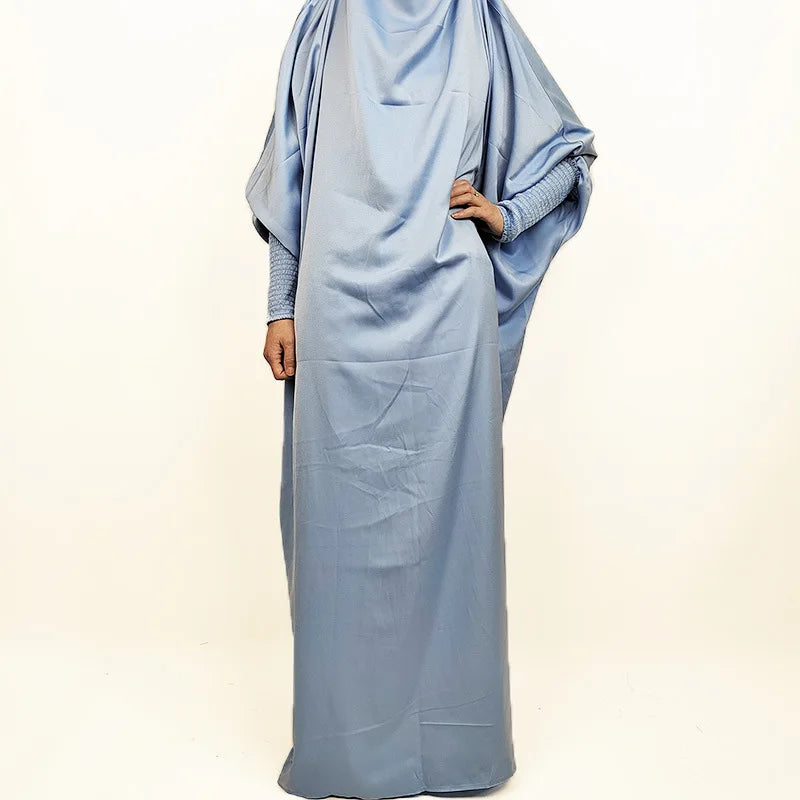 Muslim Fashion Abaya for Women Solid Satin One-piece Prayer Dress with Headscarf Saudi Arab Islamic Clothing Modesty Kaftan Robe