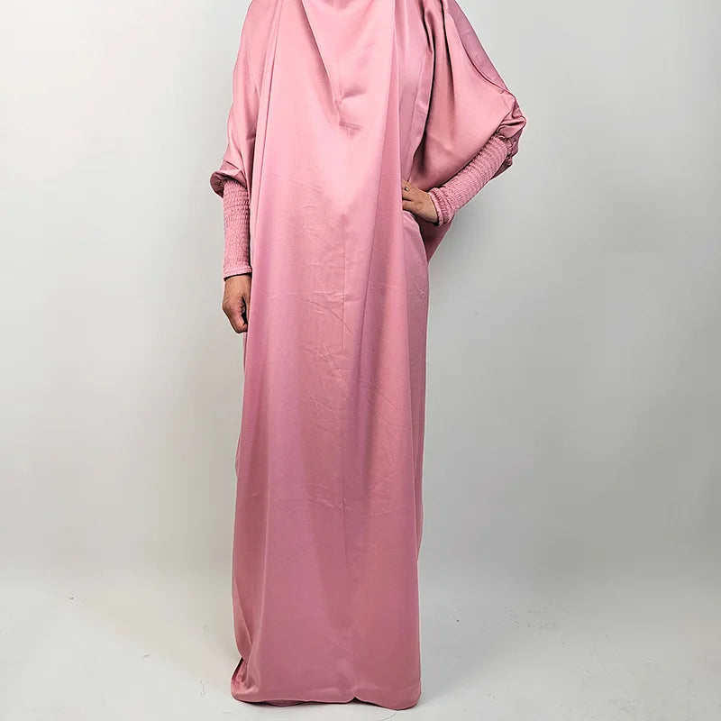 Muslim Fashion Abaya for Women Solid Satin One-piece Prayer Dress with Headscarf Saudi Arab Islamic Clothing Modesty Kaftan Robe
