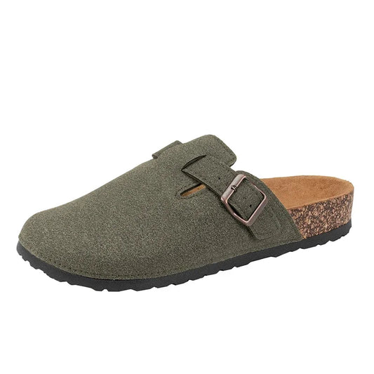 Men Cow Suede Clogs With Adjustable Buckle Cork Leather Mules Comfortable Slip on Women Slippers Outdoor Cork Clogs