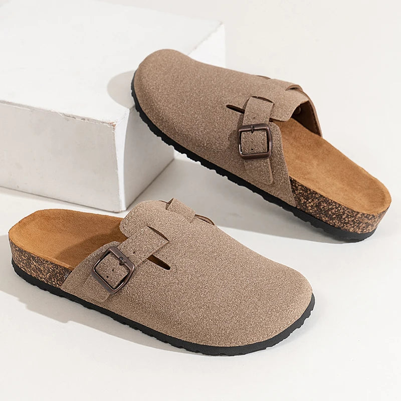 Men Cow Suede Clogs With Adjustable Buckle Cork Leather Mules Comfortable Slip on Women Slippers Outdoor Cork Clogs