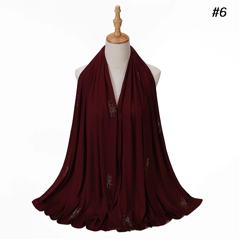 Muslim Crinkle Ribbed Jersey Rhinestone Hijab Plain Scarf Crepe Hijab Soft Islamic Shawls Wraps Headband Voile Femme Musulman