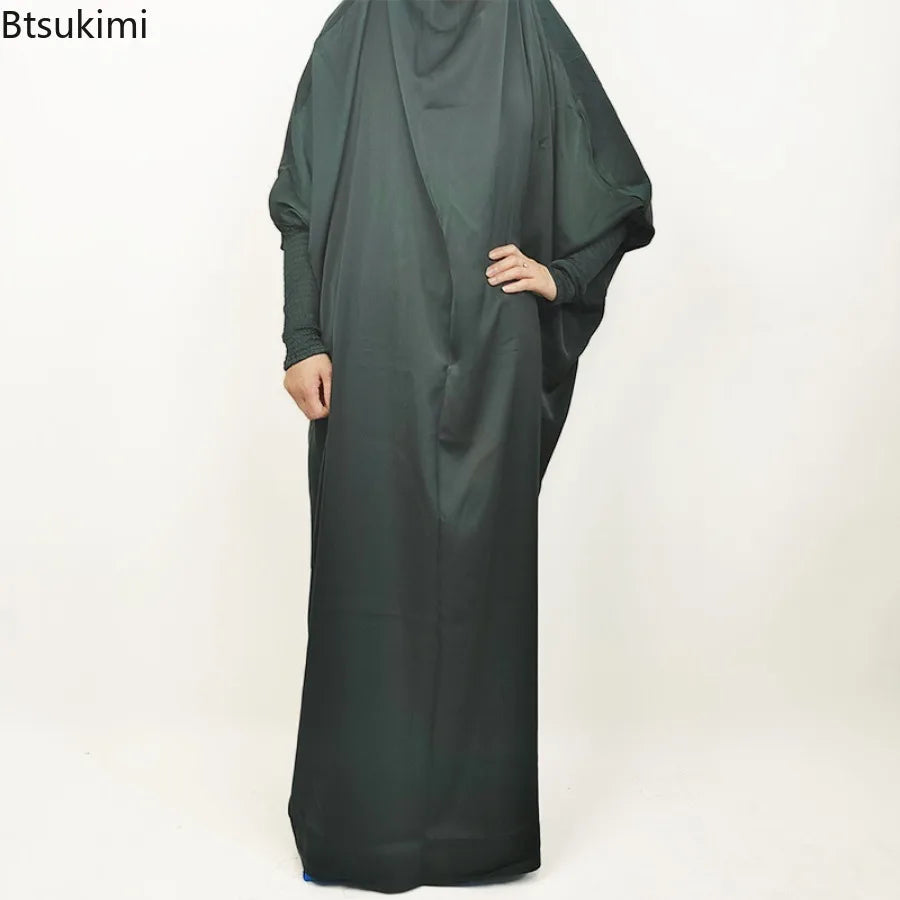 Muslim Fashion Abaya for Women Solid Satin One-piece Prayer Dress with Headscarf Saudi Arab Islamic Clothing Modesty Kaftan Robe