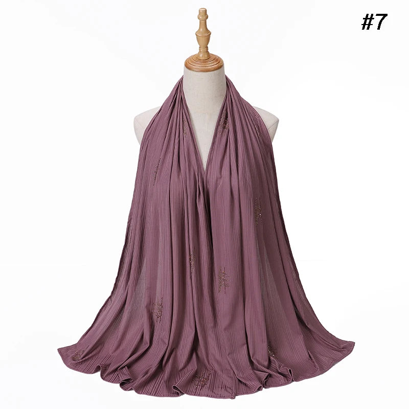 Muslim Crinkle Ribbed Jersey Rhinestone Hijab Plain Scarf Crepe Hijab Soft Islamic Shawls Wraps Headband Voile Femme Musulman