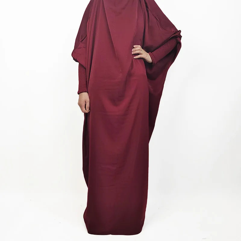 Muslim Fashion Abaya for Women Solid Satin One-piece Prayer Dress with Headscarf Saudi Arab Islamic Clothing Modesty Kaftan Robe