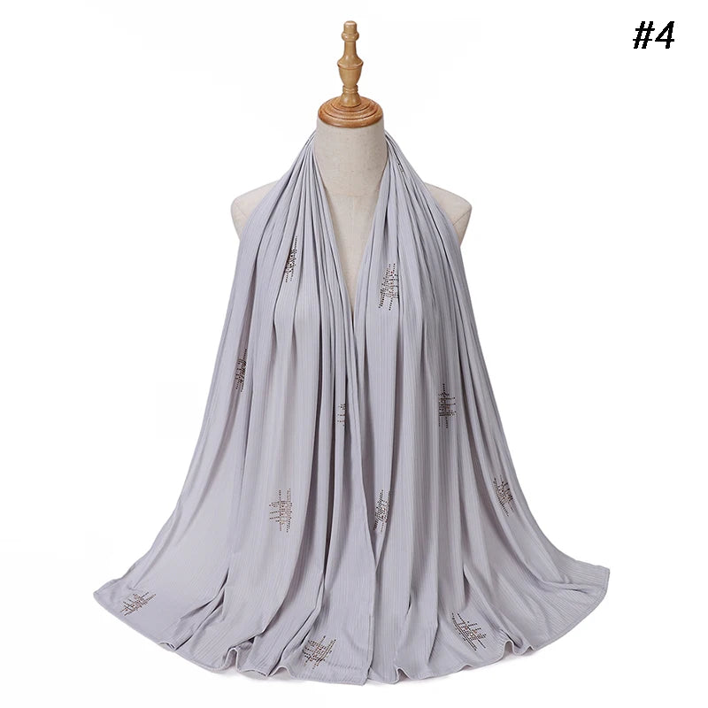 Muslim Crinkle Ribbed Jersey Rhinestone Hijab Plain Scarf Crepe Hijab Soft Islamic Shawls Wraps Headband Voile Femme Musulman