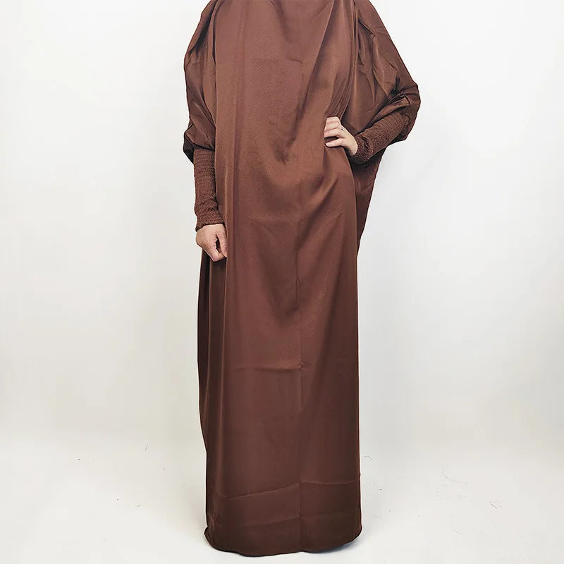 Muslim Fashion Abaya for Women Solid Satin One-piece Prayer Dress with Headscarf Saudi Arab Islamic Clothing Modesty Kaftan Robe