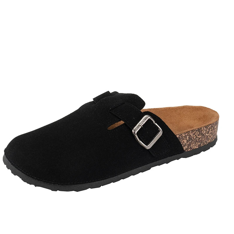 Men Cow Suede Clogs With Adjustable Buckle Cork Leather Mules Comfortable Slip on Women Slippers Outdoor Cork Clogs
