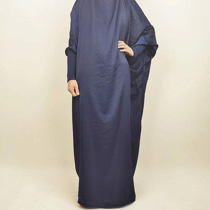 Muslim Fashion Abaya for Women Solid Satin One-piece Prayer Dress with Headscarf Saudi Arab Islamic Clothing Modesty Kaftan Robe