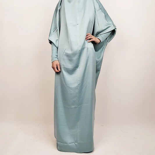 Muslim Fashion Abaya for Women Solid Satin One-piece Prayer Dress with Headscarf Saudi Arab Islamic Clothing Modesty Kaftan Robe