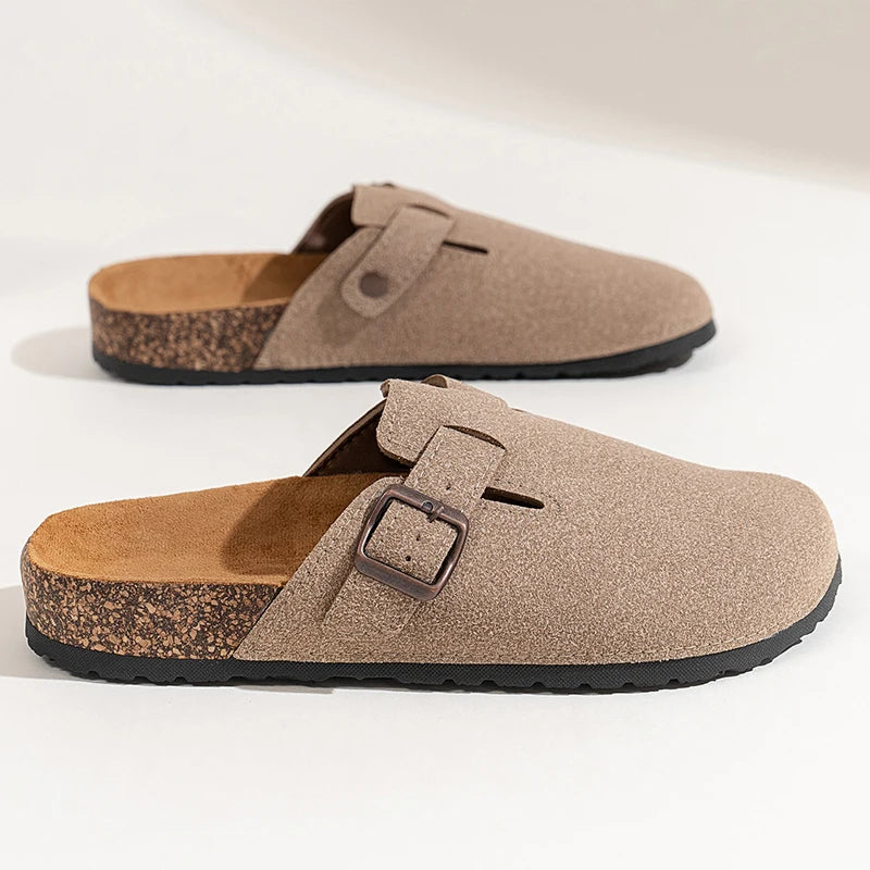Men Cow Suede Clogs With Adjustable Buckle Cork Leather Mules Comfortable Slip on Women Slippers Outdoor Cork Clogs