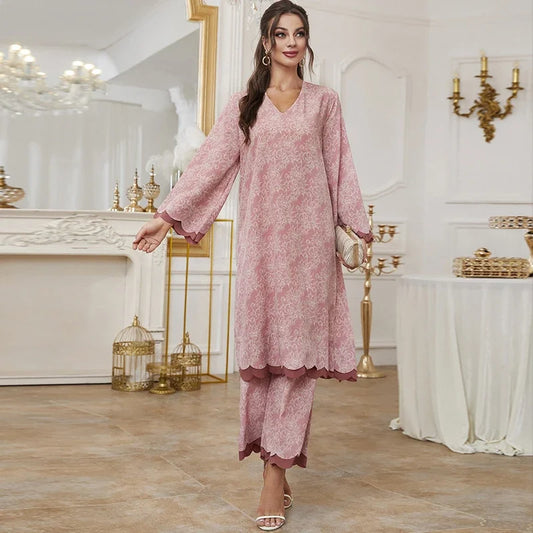 2 Piece Abaya Muslim Set Ramadan for Women Dubai Turkey Saudi Casual V-Neck Print Long Sleeve Dress Pants Islamic Clothing Suits