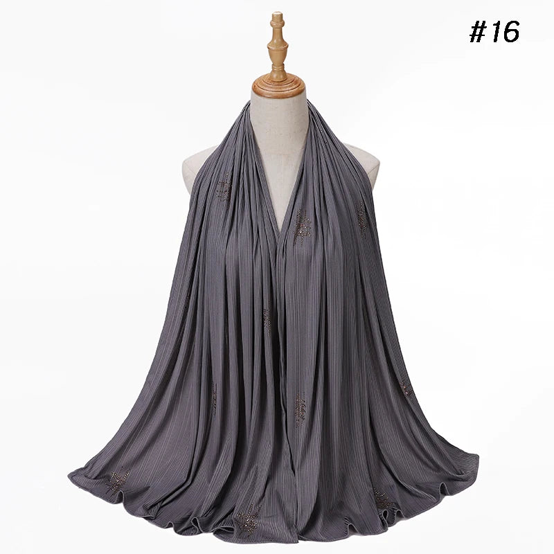 Muslim Crinkle Ribbed Jersey Rhinestone Hijab Plain Scarf Crepe Hijab Soft Islamic Shawls Wraps Headband Voile Femme Musulman