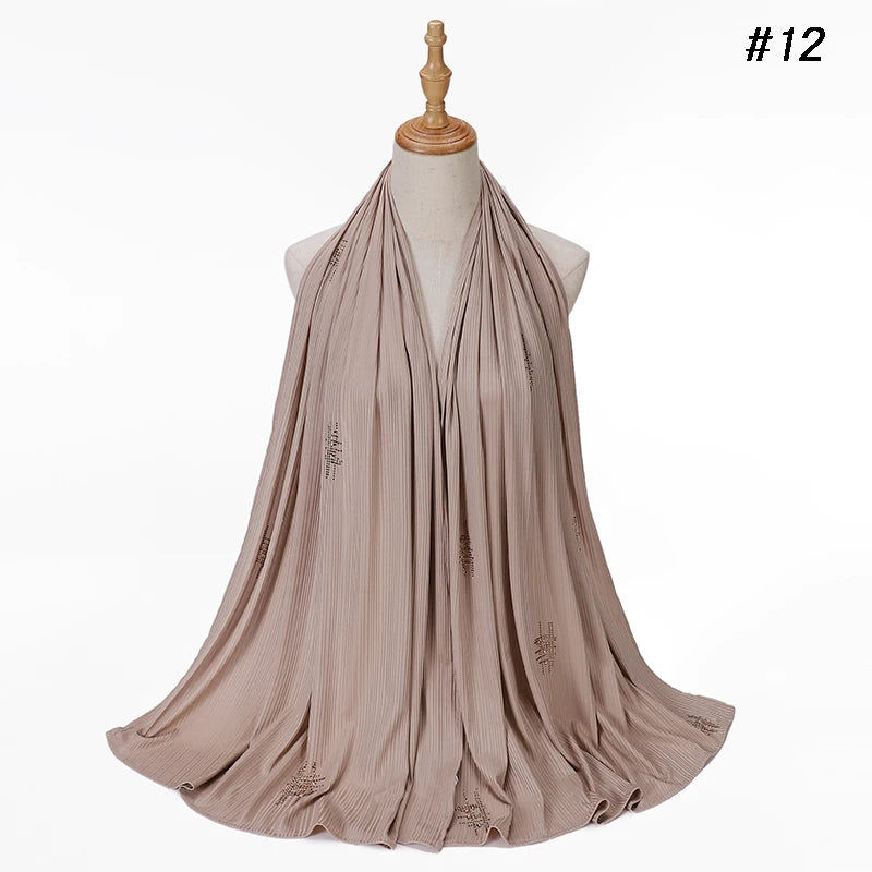 Muslim Crinkle Ribbed Jersey Rhinestone Hijab Plain Scarf Crepe Hijab Soft Islamic Shawls Wraps Headband Voile Femme Musulman