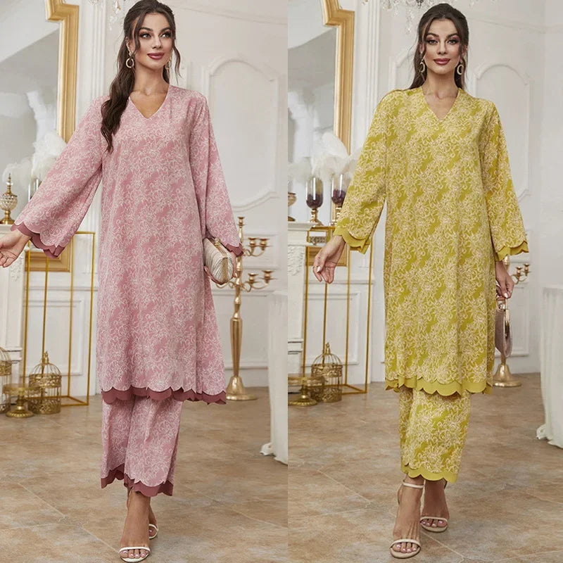 2 Piece Abaya Muslim Set Ramadan for Women Dubai Turkey Saudi Casual V-Neck Print Long Sleeve Dress Pants Islamic Clothing Suits