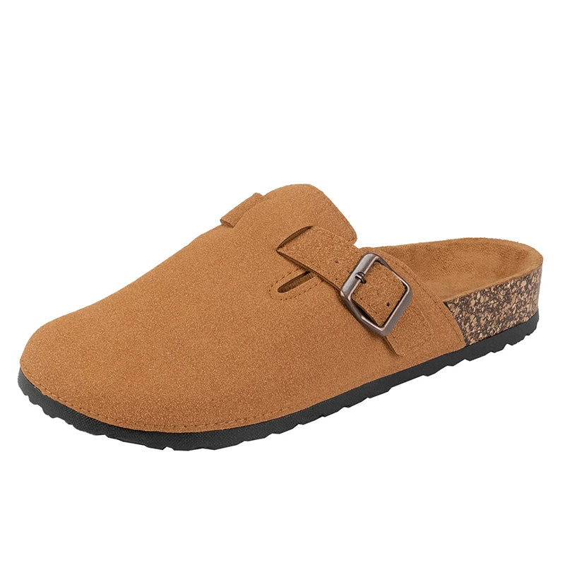 Men Cow Suede Clogs With Adjustable Buckle Cork Leather Mules Comfortable Slip on Women Slippers Outdoor Cork Clogs