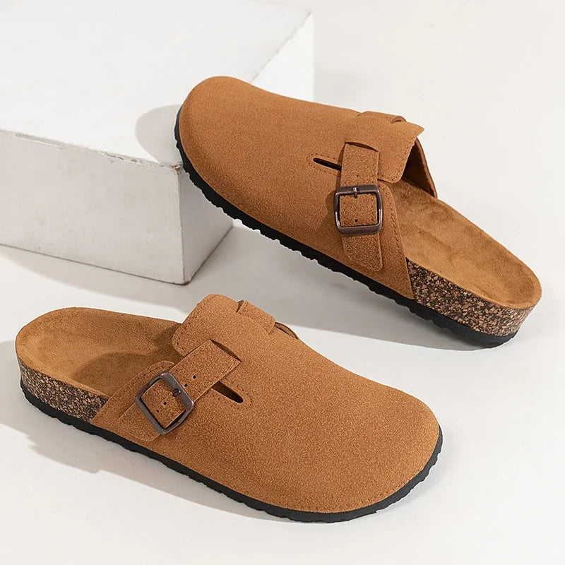 Men Cow Suede Clogs With Adjustable Buckle Cork Leather Mules Comfortable Slip on Women Slippers Outdoor Cork Clogs