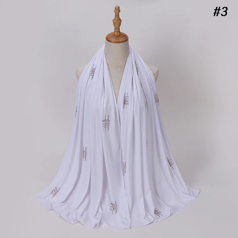 Muslim Crinkle Ribbed Jersey Rhinestone Hijab Plain Scarf Crepe Hijab Soft Islamic Shawls Wraps Headband Voile Femme Musulman