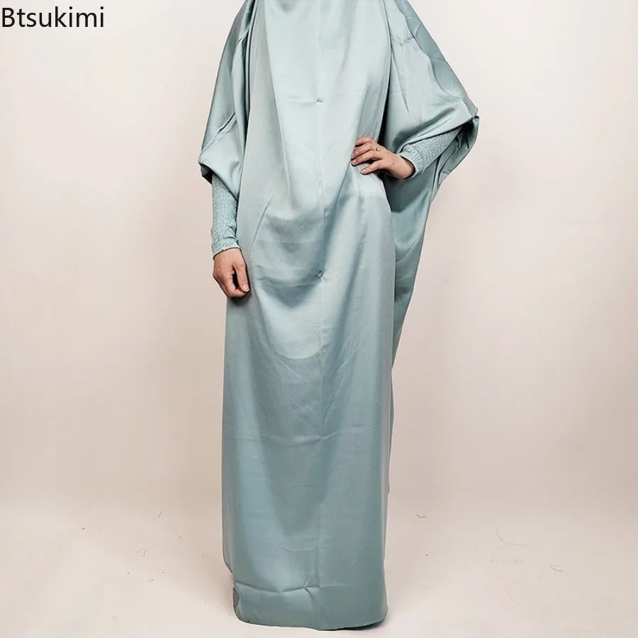 Muslim Fashion Abaya for Women Solid Satin One-piece Prayer Dress with Headscarf Saudi Arab Islamic Clothing Modesty Kaftan Robe