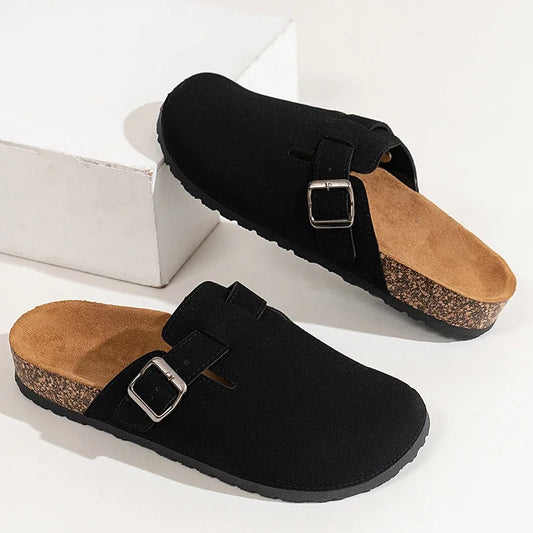 Men Cow Suede Clogs With Adjustable Buckle Cork Leather Mules Comfortable Slip on Women Slippers Outdoor Cork Clogs